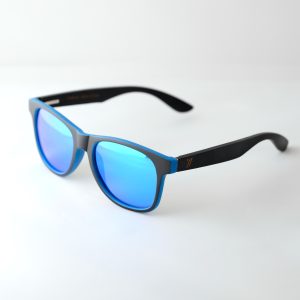 Bamboo sunglasses, with black and blue frame and reflective blue lenses. Designed in Canada